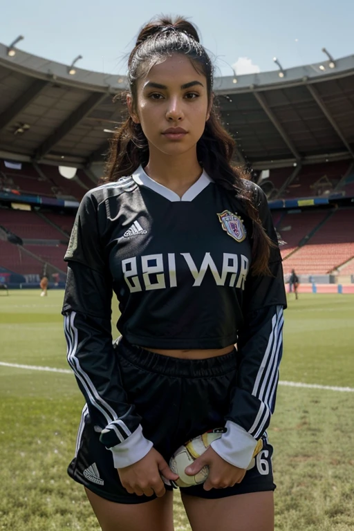 25-year old Mexican-American woman, long wavy black hair, ponytail hairstyle, big beautiful eyes, dark eye shadow, dark thick eye brows, thin nose, nose ring, juicy lips, high cheekbones, ((wearing soccer player outfit)), hands behind head, in soccer stadium, ((stadium full of people)), day time, sunlight shining, can see shadows, super detailed, 8k, intricately maximalist-details, extremely detailed, masterpiece