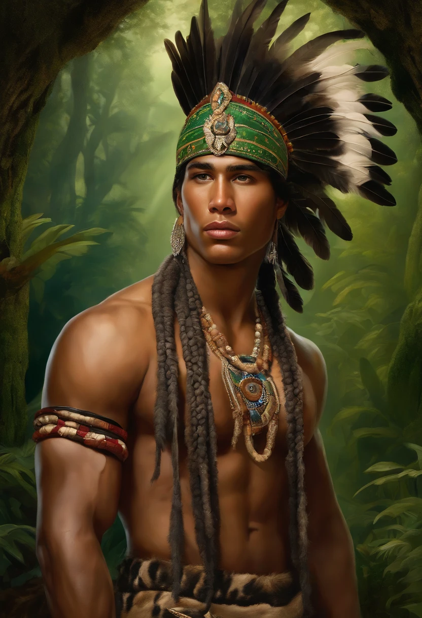 Painting of A strong and masculine young man ((man)), ((a most beautiful caboclo in the world)), 18 years old, indigenous, ((full body)), ((strong body, muscular legs)), ((headdress indigenous man with white feathers on his head)), long black hair, braided over his shoulders, ((green panther eyes, magnetic)), ((square face and sunken chin)), ((strong warrior expression)), (( hypnotic beauty)), sexy and hot, indigenous body paintings, body and beauty of a God, half-naked ((wearing wild animal skin)), ((in the background a sacred temple in the middle of a forest on a moonlit night full )), ((baroque painting style)), ((with panthers and jaguars))