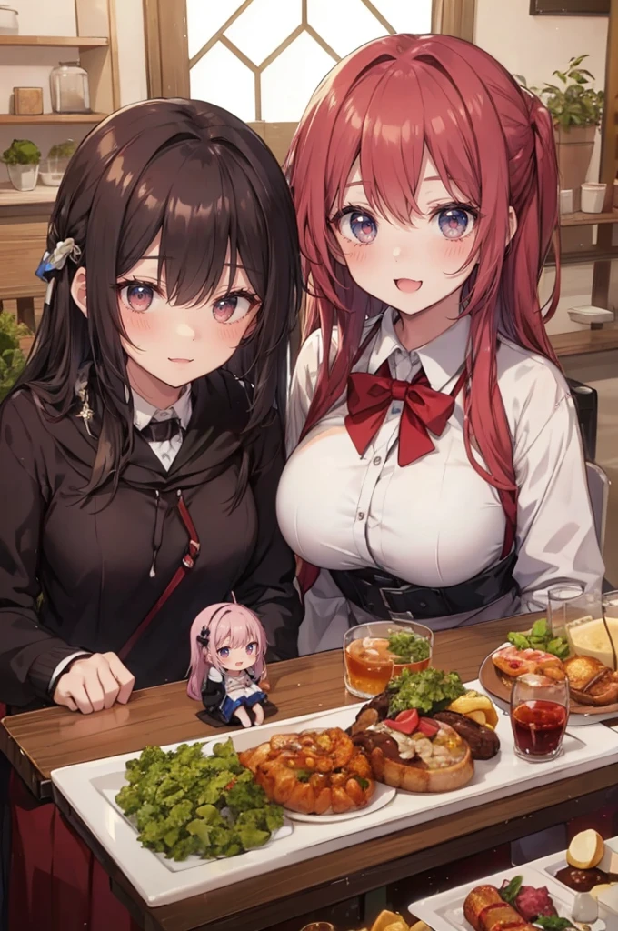 (two giant girls in front of a girl on a tiny table: 1.2), (two giants in front of a girl on a tiny table), (hmoe: 1.3), simple background, (2girls:1.8), (teen girl clothing), cute modern clothing, (girl from rear view on a tiny platform:1.5), (rear view: 1.2), doll house, little plates of food, professionally drawn, (huge breasts), (cleavage sweat), (anime drawing:1.1), (simple bold lines: 1.1), (anime:1.1), (very cute anime girl), (bright), (low contrast), (prettiest teenage girl), (mature face: 1.4), (tall girl with big breasts: 1.2), :D