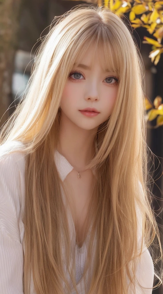 A very beautiful girl with long blonde hair that shines brightly.、Very beautiful bright and shining light blue big eyes、very big eyes、bangs between the eyes、masutepiece, Best Quality, Illustration, Ultra-detailed, finely detail, hight resolution, 8K Wallpaper, Perfect dynamic composition, Beautiful detailed eyes, Women's Fashion🍂,Medium Hair,small tits、Natural Color Lip, Bold sexy poses,Smirking expression,Harajuku、20 years girl、Cute、Sexy shot looking at camera、cheek gloss highlight、