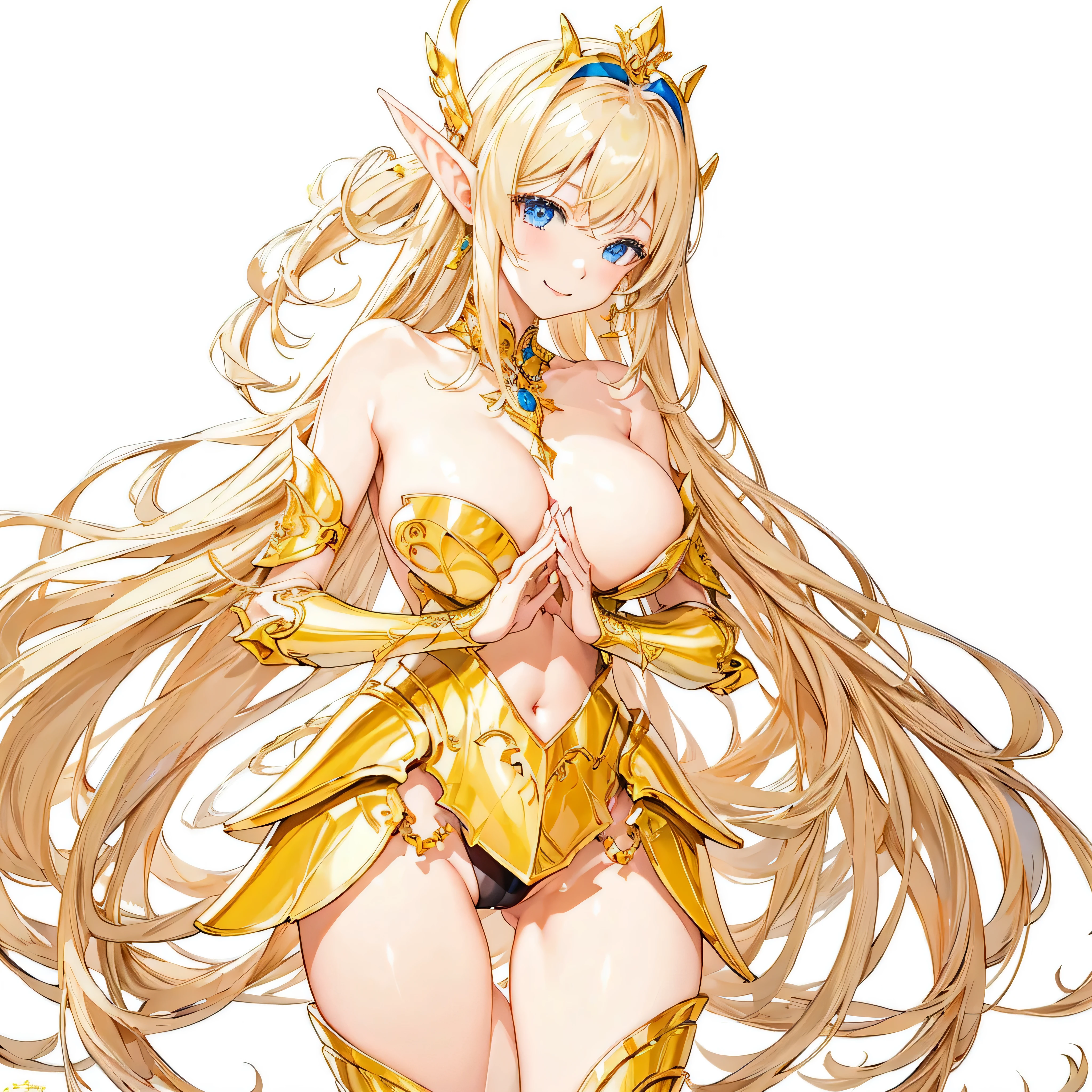 masterpiece、top-quality、ighly detailed、hight resolution、16k、fullnude、teats、Teetoob proportions、elvishの女の子、golden armour、Very thin skirt、Black pants、Very white skin、Beautiful fingers、Anime girl with very big breasts posing naked、Perfect Style、elvish、no-bra、Blonde blue-eyed、A smile、slim the contours