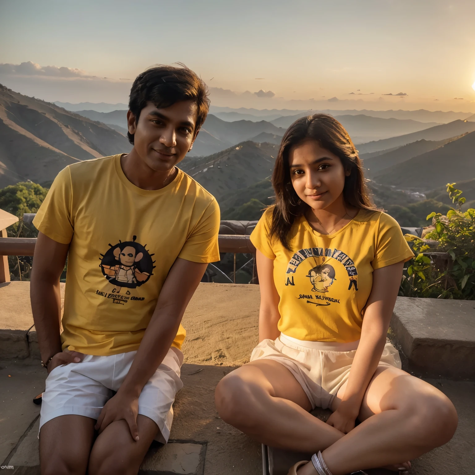 "Craft a 3d image where cartoon friends jayendra and basant sit on the mountain during sunset envelope the scenes in warm yellow hues with both wearing white t-shirt featuring their name in black capturing the serene ambiance of the sitting sun