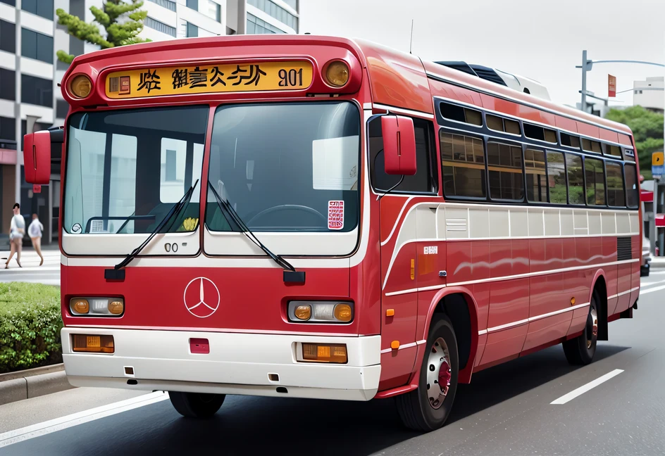 arafly red and white buses driving down a street next to a tall building, ( ( (路線buses, Japan in the 80s, public buses, japan 1980s, - h 8 5 0 - w 6 0 0, toyko, buses), 8 1 5, fuji 8 0 0, retro 70's japan