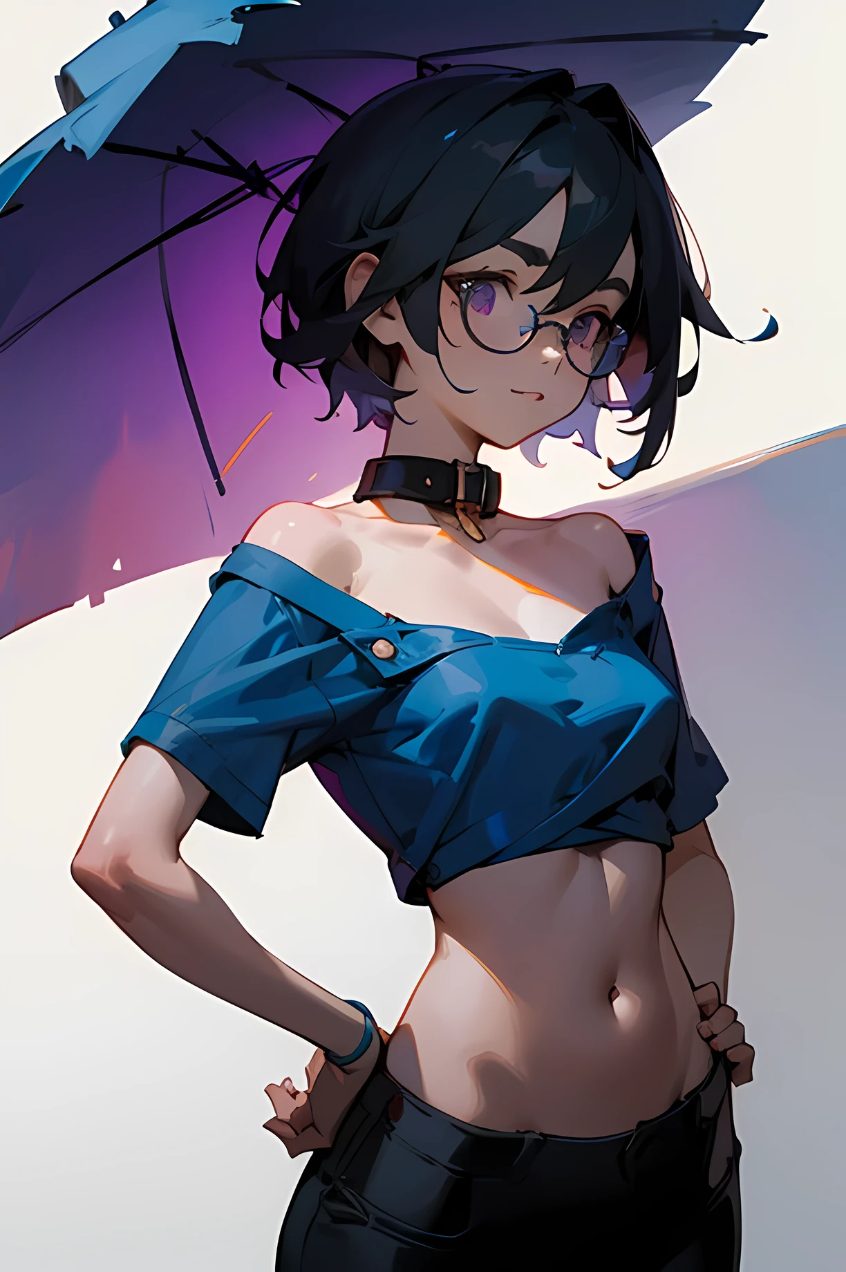 (CharacterSheet:1)anime screencap, hand on hip, nsfw. short hair, black hair, purple eyes, hair between eyes, cowboy shot, (best quality), (ultra-detailed), (best illustration), (best shadow), masterpiece, high res, (very deep cut blue short top:1.4), (summer hat) , navel, collar bone, collar, glasses, smile, furrowed eyebrows, small perfect breasts, black hair, purple eyes,
, (multiple views, full body, upper body, reference sheet:1), back view, front view, (white background, background:1.2),(dynamic_pose:1.2), (masterpiece:1.2), (best quality, highest quality), (ultra detailed), (8k, 4k, intricate), (50mm), (highly detailed:1.2),(detailed face:1.2), detailed_eyes,(gradients),(ambient light:1.3),(cinematic composition:1.3),(HDR:1),Accent Lighting,extremely detailed,original, highres,(perfect_anatomy:1.2),