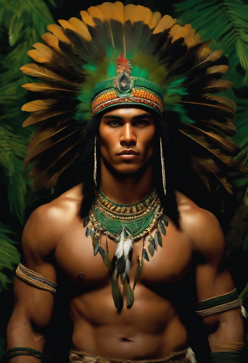 Painting of A strong and masculine young man ((man)), ((a most beautiful caboclo in the world)), 18 years old, indigenous, ((full body)), ((strong body, muscular legs)), ((headdress indigenous man with white feathers on his head)), long black hair, braided over his shoulders, ((green panther eyes, magnetic)), ((square face and sunken chin)), ((strong warrior expression)), (( hypnotic beauty)), sexy and hot, indigenous body paintings, body and beauty of a God, half-naked ((wearing wild animal skin)), ((in the background a sacred temple in the middle of a forest on a moonlit night full )), ((baroque painting style)), ((with panthers and jaguars))