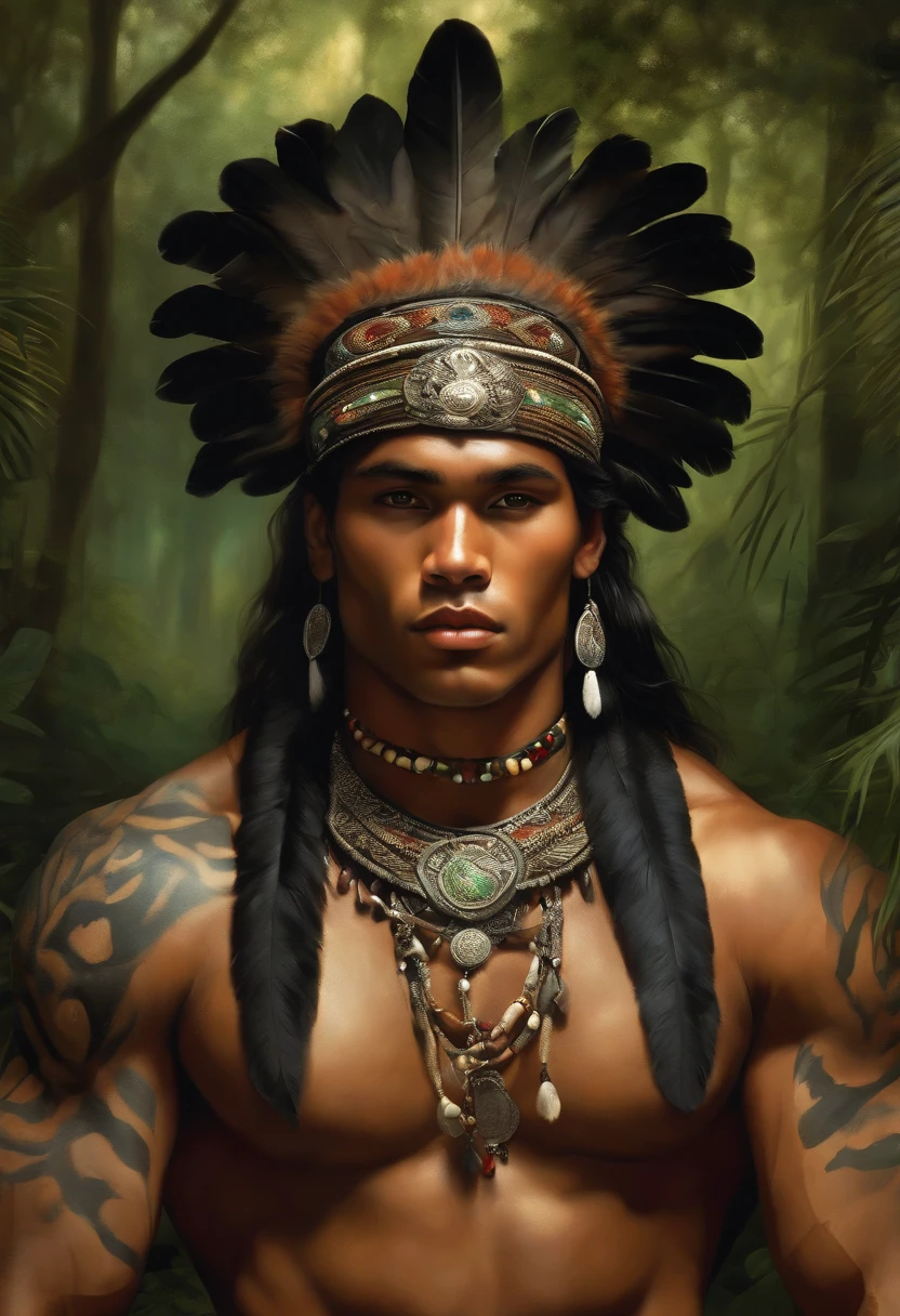 Painting of A strong and masculine young man ((man)), ((a most beautiful caboclo in the world)), 18 years old, indigenous, ((full body)), ((strong body, muscular legs)), ((headdress indigenous man with white feathers on his head)), long black hair, braided over his shoulders, ((green panther eyes, magnetic)), ((square face and sunken chin)), ((strong warrior expression)), (( hypnotic beauty)), sexy and hot, indigenous body paintings, body and beauty of a God, half-naked ((wearing wild animal skin)), ((in the background a sacred temple in the middle of a forest on a moonlit night full )), ((baroque painting style)), ((with panthers and jaguars))