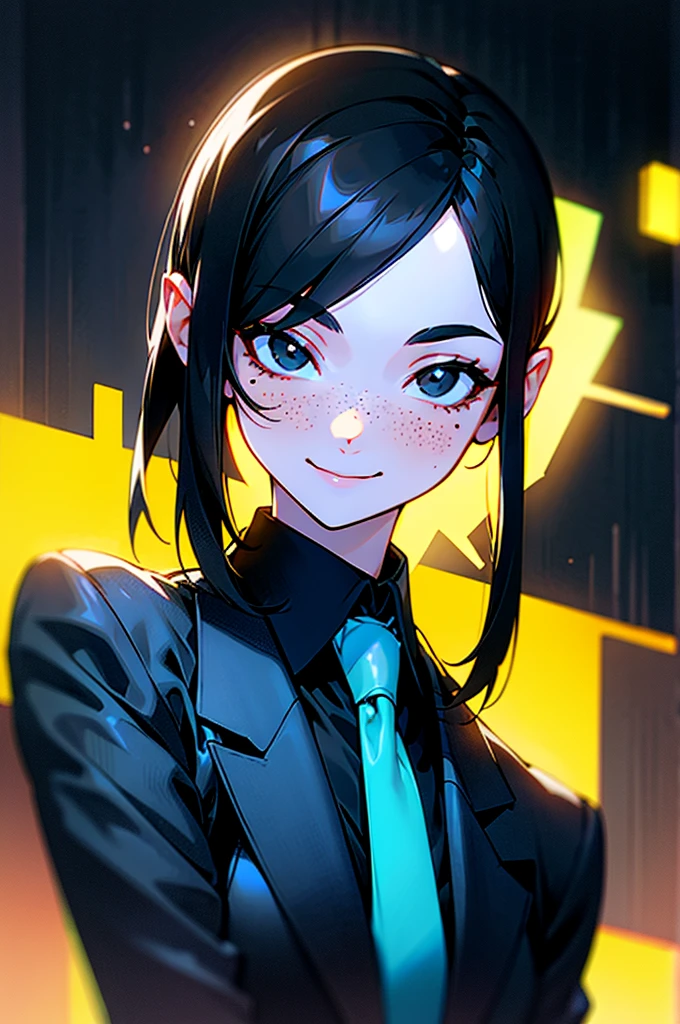 black hair, (hair tucked behind ear), forehead, side bangs, medium length hair, light freckles, woman, ((black eyes)), suit and tie, neon blue city, smiling