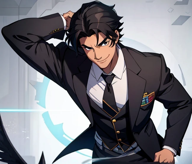 Male, high school student, black hair tied up in the back, black school uniform, fantasy setting, summoning monsters, sly smile.