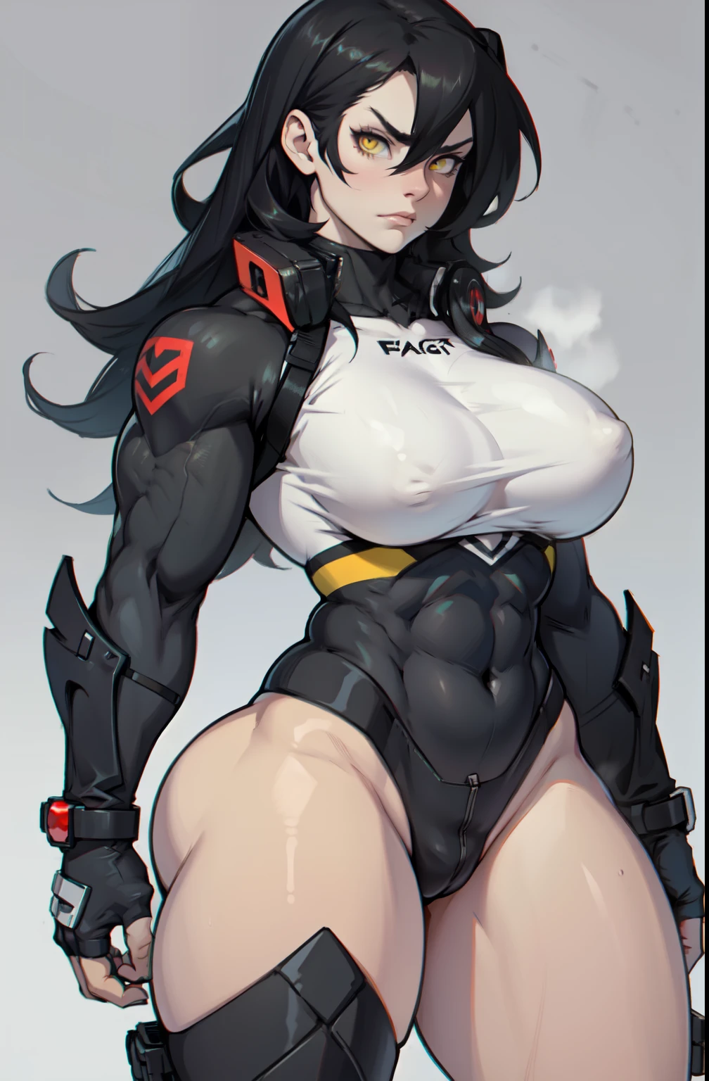 ((muscular girl thick breasts)) angry pale skin black hair yellow eyes best quality