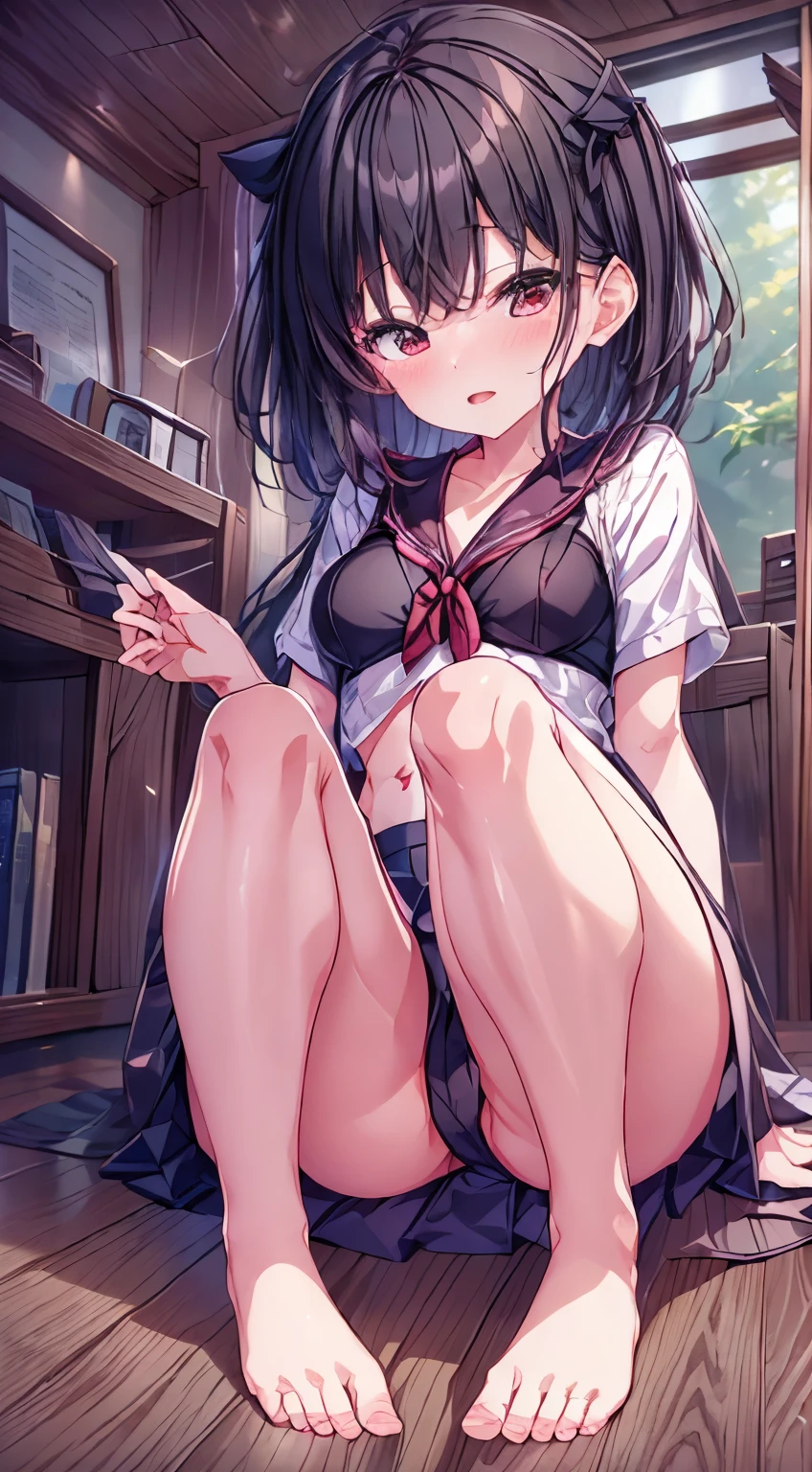 student clothes、masterpiece、top-quality、best、超A high resolution、Full body portrait、intricate-detail、An ultra-fine illustrations、perfect anatomia、Correct anatomy、perfect proportion perfect、Hands are2Boken、perfect hand、The feet are in2Boken、perfect foot、perfect hand指、Precise size and balance of upper and lower body、18year old、Schoolgirl with mature body type、A high school girl with long、1人、From head to foot、、Small breasts、Beautiful breasts、Small toes、Small toes、Skinny Legs、laying on back、足をM-shaped legsする、M-shaped legs、Opening legs、cross the fronts、Composition from below、Composition from the front、No pants、Inner thigh-sitting、Front-facing、Lower body facing forward、Slender feet、Slender thighs、Slim toes、Front-facing白いベッドに横たわる、Slender feet、legs slightly open、Sleeping in a big letter、Mansuji、Mansuji、Semen、Hands are slightly raised、brown haired、Medium Hair、Medium haircut、泣きそうなPanting face、red blush、Panting face、Embarrassed look、No shoes、Panties are visible through a pleated skirt、Pure white bra、Underwear、Bedrooms、in a house、natta、(petite body))、masterpiece、(top-quality)