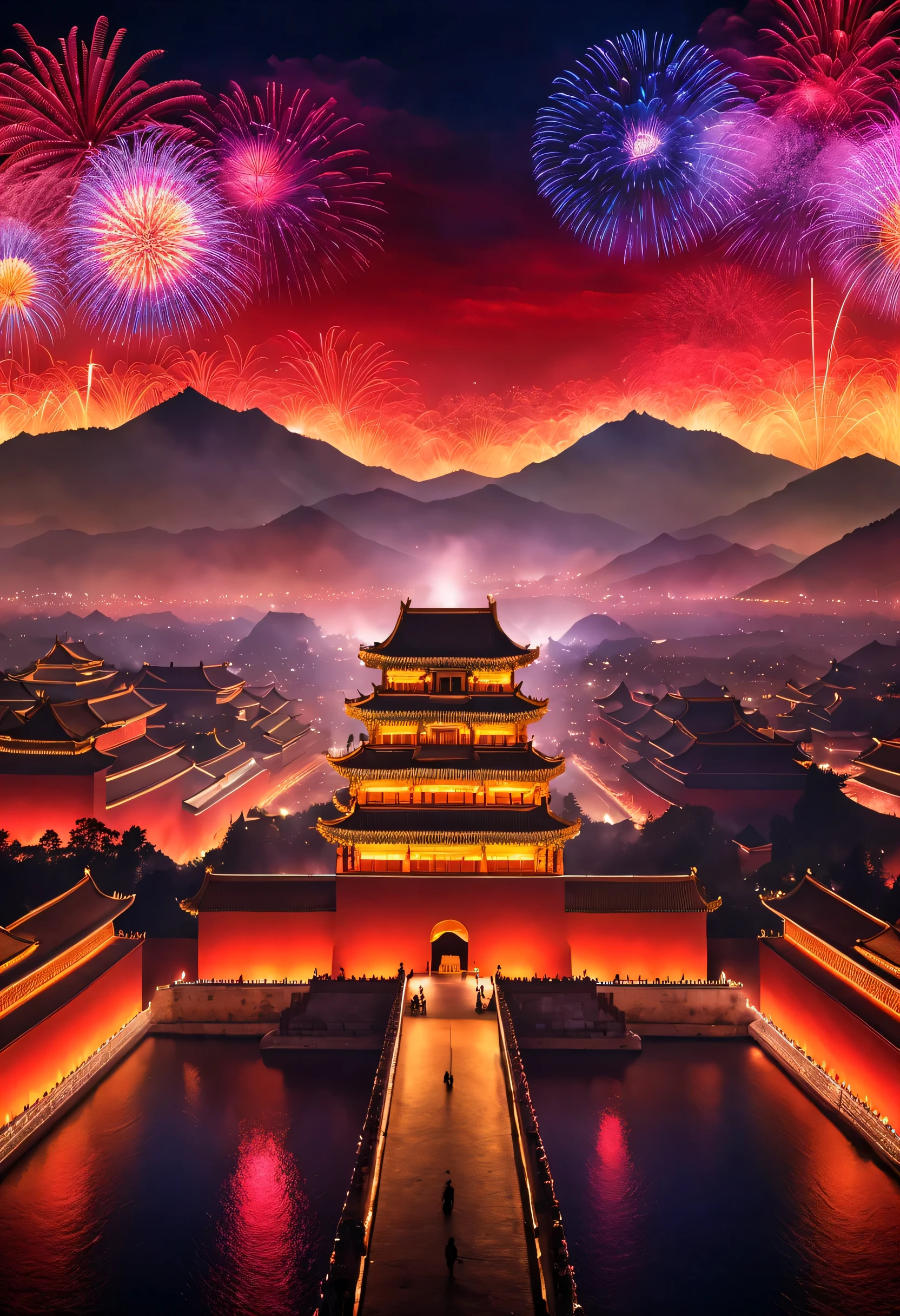 （giant projection《Thousands of miles of rivers and mountains》On the red wall of the Forbidden City in China），巨幅LED screen幕，Inspired by Wang Ximeng of the Northern Song Dynasty《Thousands of miles of rivers and mountains map》volumetr，Light show，Fireworks bloom in the sky, Many ribbons and confetti fall in the air, (a happy new year)，everyone hopes，Tributes to Valerio Orgiatti,author：Shigeru Ban,Public places,Ray traching,globalillumination,colored lighting,modern, The content is very detailed, Best quality at best, tmasterpiece, A high resolution, photographyrealism, hyper realisitc, actual, 8K,LED screen，high - tech，