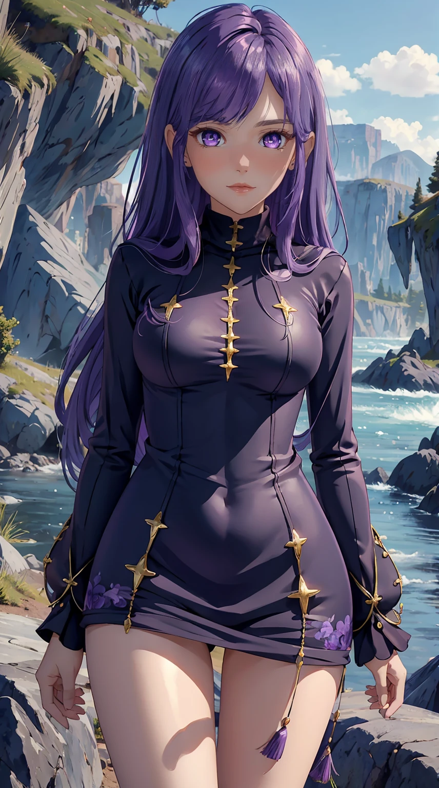 8K, Ultra High Definition, Super detailed, Shiny detailed hair, detailed face, fantasy landscape, solo, looking at viewer, {{best quality}}, {{masterpiece}}, {{ultra-detailed}}, {detailed light}, ultra high quality eyes, detailed eyes, perfect eyes, large eyes, detailed purple eyes, purple hair, long hair, beautiful, skinny body, white skin, slutty, erotic, standing in suggestive