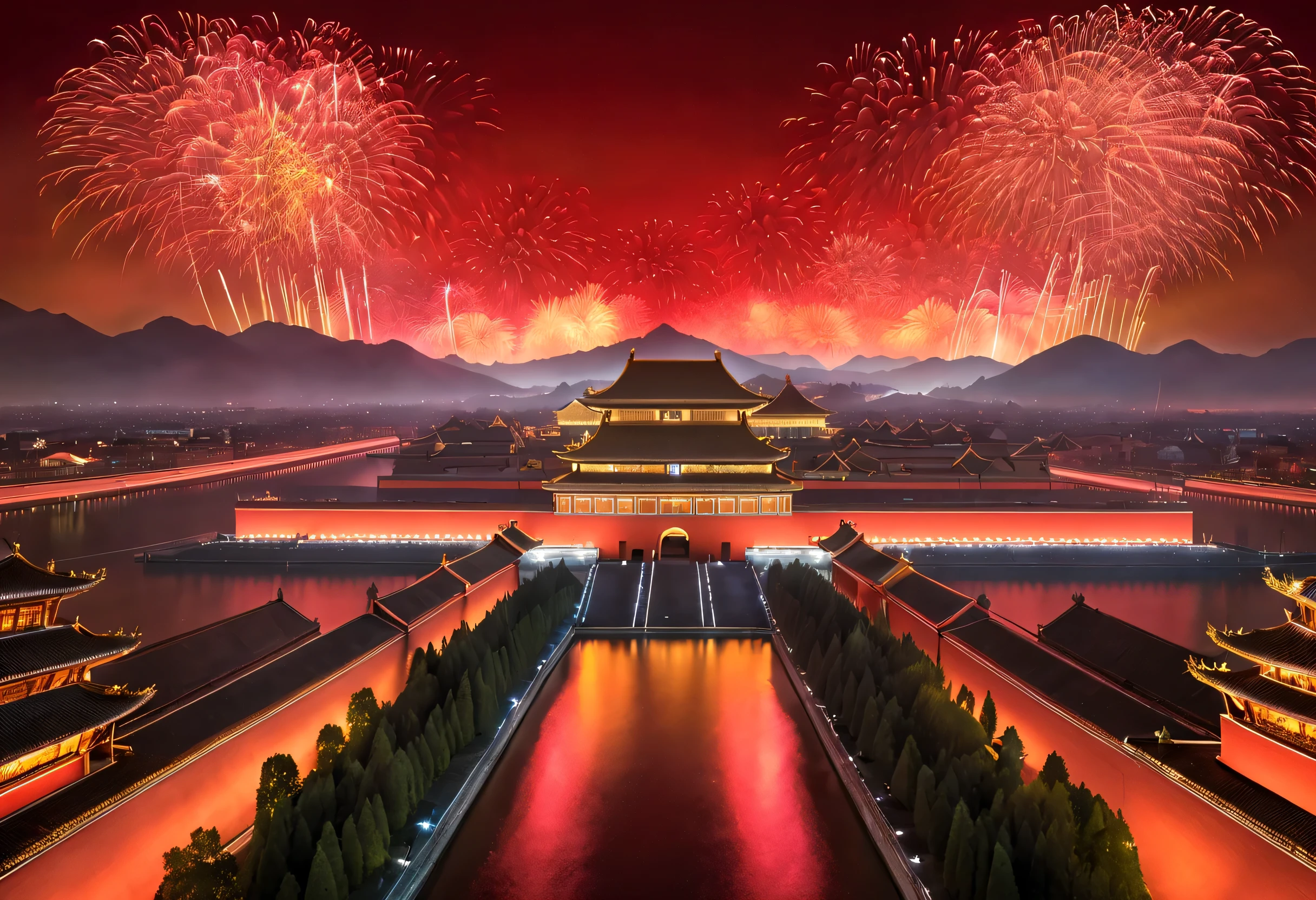 （giant projection《Thousands of miles of rivers and mountains》On the red wall of the Forbidden City in China），巨幅LED screen幕，Inspired by Wang Ximeng of the Northern Song Dynasty《Thousands of miles of rivers and mountains map》volumetr，Illumination Show，Fireworks bloom in the sky, Many ribbons and confetti fall in the air, (a happy new year)，everyone hopes，Tributes to Valerio Orgiatti,author：Shigeru Ban,Public places,ray traycing,globalillumination,colored lighting,modern, The content is very detailed, Best quality, tmasterpiece, A high resolution, photographyrealism, hyper realisitc, actual, 8K,LED screen，high - tech，