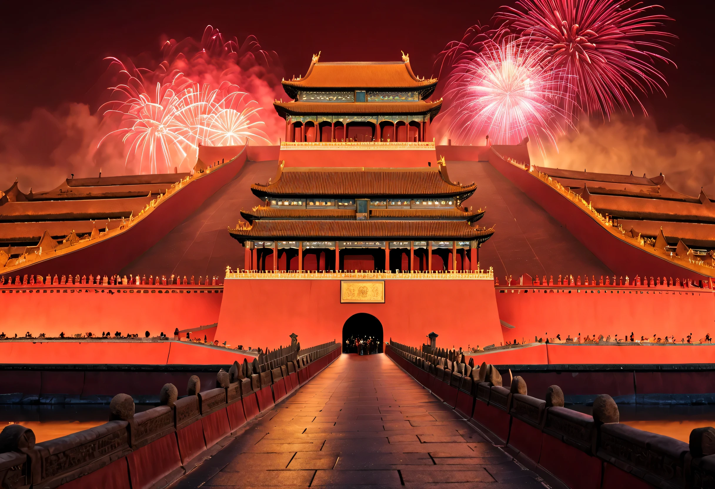 （Giant projection on the red wall of the Forbidden City in China《Thousands of miles of rivers and mountains》pic），巨幅LED screen幕，Inspired by Wang Ximeng of the Northern Song Dynasty《Thousands of miles of rivers and mountains map》volumetr，Illumination Show，many, many烟花在天空绽放, many ribbons and confetti fall in the air, (a happy new year)，everyone hopes，Tributes to Valerio Orgiatti,author：Shigeru Ban,Public places,ray traycing,globalillumination,colored lighting,modern, The content is very detailed, Best quality, tmasterpiece, A high resolution, photographyrealism, hyper realisitc, actual, 8K,LED screen，high - tech，