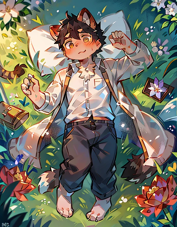 tmasterpiece, Best quality at best, perfect anatomia, Eau汪汪的大眼睛, author:milkytiger1145, author:K0bit0wani, hairy pubic, aardwolf, (Phyllis:0.3), muscle men, Alone, dressed in, baggy clothes, wet fur, (Translucent Sateencoat:1.1), (Take the flowers:1.1), lie, bird's eyes view, grassy, Sateen, Eau, 下Sateen了,((schoolboy,shota))