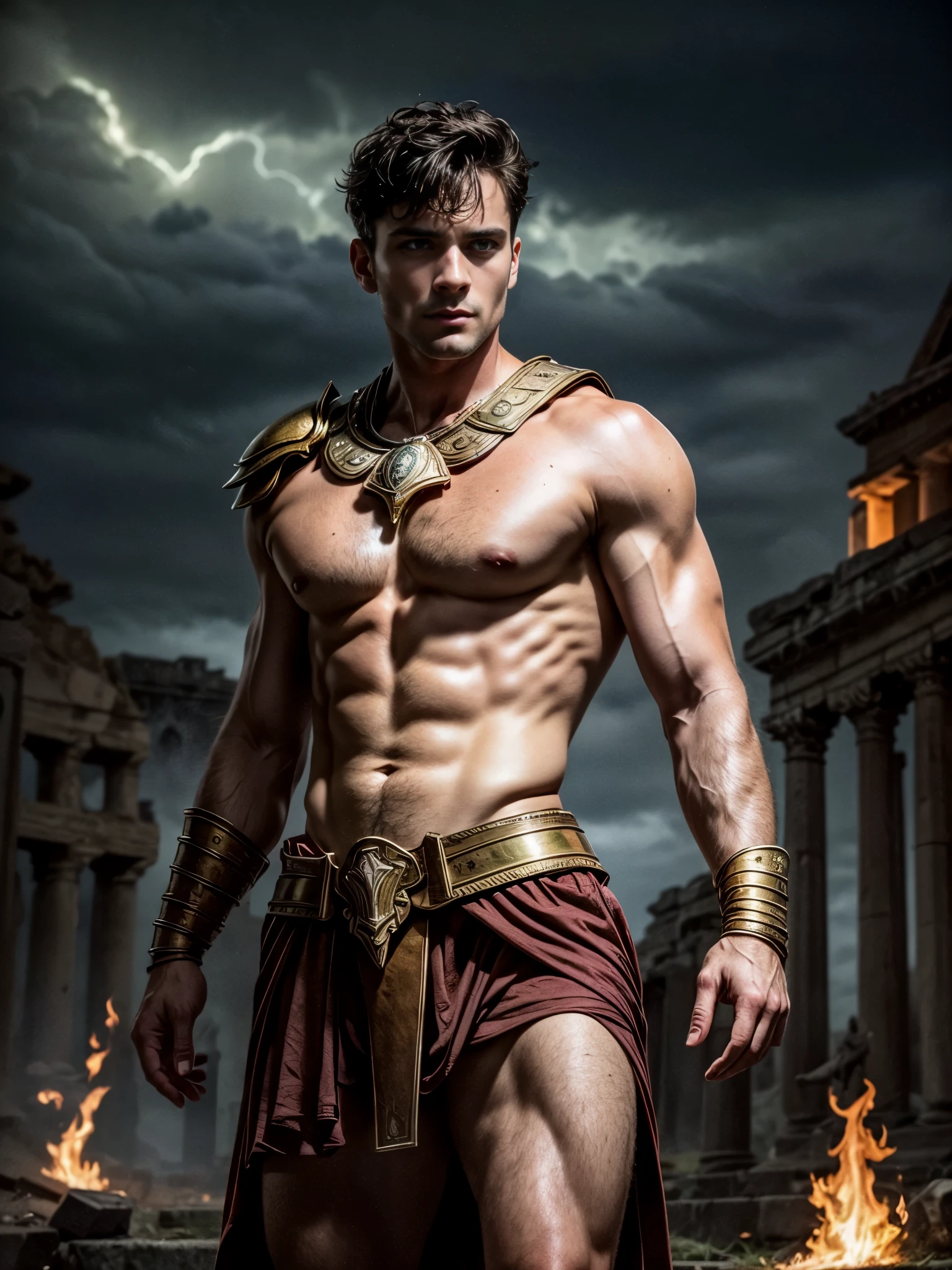 ((masterpiece)),((best quality)),8k, high detailed, ultra-detailed, Stylish Pose, real skin texture, dark cinematic lighting, full body shot, 35 mm lens, night, dark night, masculine, 26-year-old Italian male model, handsome Roman, he is the god of war, he is Ares, Mars, evil-looking, strong look, light green eyes, emerald green eyes, strong jawline, square jaw, dressed as a gladiator, ancient gladiator, male gladiator skirt, shaved face, buzz cut hair, short wavy hair, dark brown, shirtless, top naked,  smoke, fire, open field, battle, background, blood on his chest, , , flawless skin, high detail, destroyed ancient Rome, ancient army in the background, dark storm, dark atmosphere, dark cloudy night,,,,,Depth of field