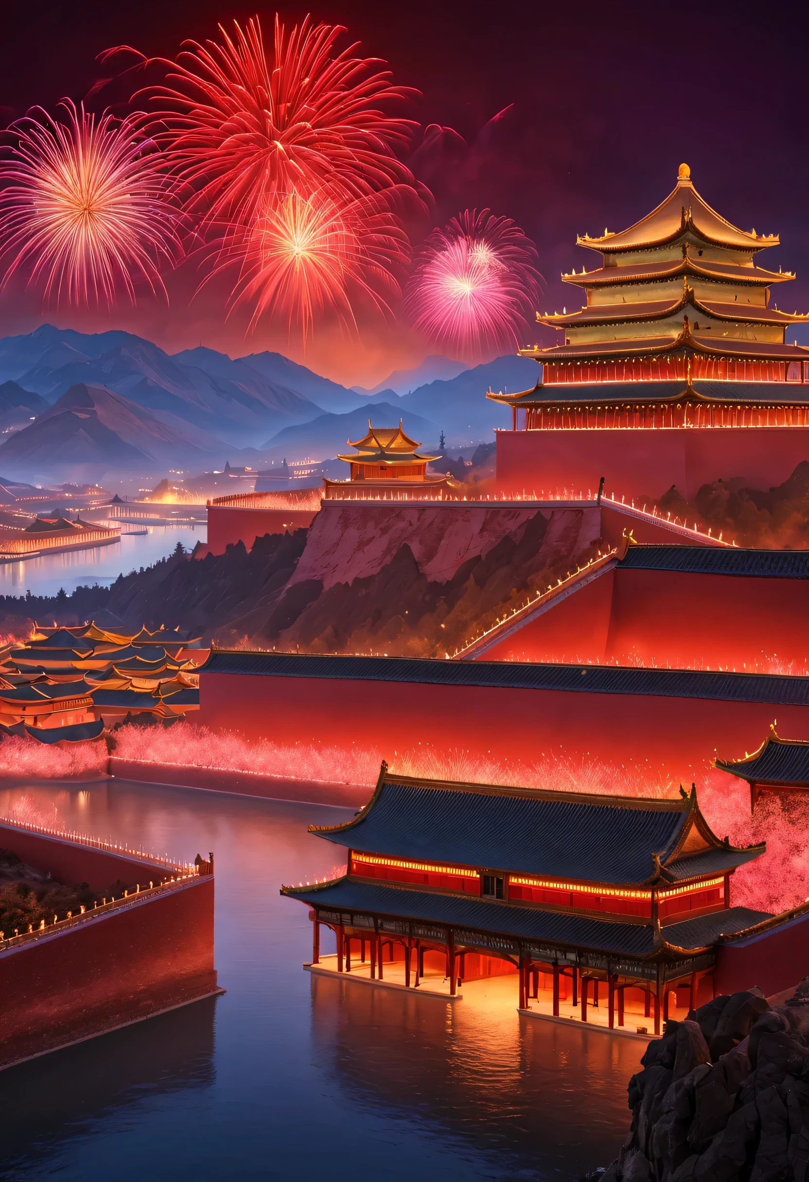 （giant projection《Thousands of miles of rivers and mountains》On the red wall of the Forbidden City in China：1.34），（巨幅LED screen幕金色2024和Happy new year：1.37），Inspired by Wang Ximeng of the Northern Song Dynasty《Thousands of miles of rivers and mountains map》volumetr，Illumination Show，Fireworks bloom in the sky, many ribbons and confetti fall in the air, (a happy new year)，（many, lots of people），Tributes to Valerio Orgiatti,author：Shigeru Ban,Public places,ray traycing,globalillumination,colored lighting,modern, The content is very detailed, Best quality, tmasterpiece, A high resolution, photographyrealism, hyper realisitc, actual, 8K,LED screen，high - tech，