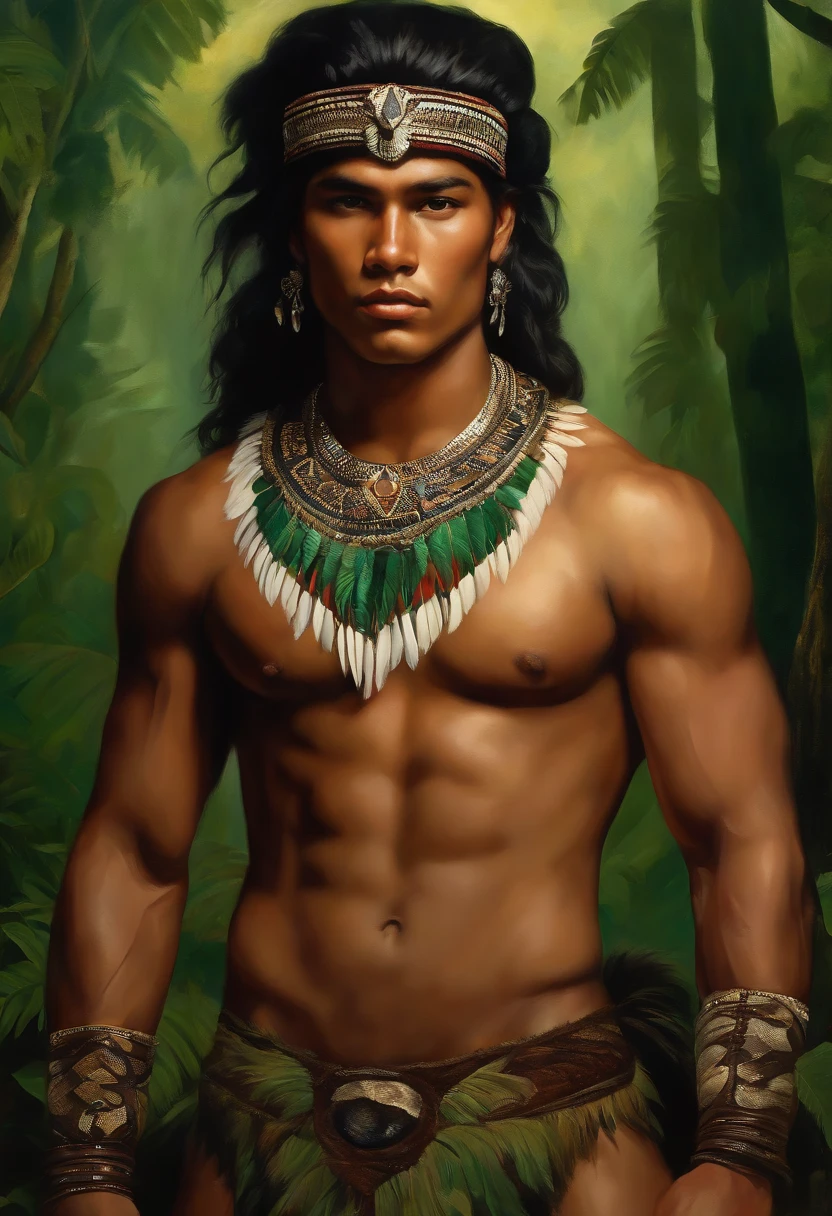 Painting of A strong and masculine young man ((man)), ((a most beautiful caboclo in the world)), 18 years old, indigenous, ((full body)), ((strong body, muscular legs)), ((headdress indigenous man with white feathers on his head)), long black hair, braided over his shoulders, ((green panther eyes, magnetic)), ((square face and sunken chin)), ((strong warrior expression)), (( hypnotic beauty)), sexy and hot, indigenous body paintings, body and beauty of a God, half-naked ((wearing wild animal skin)), ((in the background a sacred temple in the middle of a forest on a moonlit night full )), ((baroque painting style)), ((with panthers and jaguars))