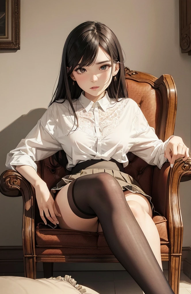 Sitting in an armchair wearing a shirt and skirt,pair,Expose off your underwear, Long stockings, Superskirt, Camel toes, lingerie, medium, (The is very detailed), (The details of the face are perfect), (The details of the face are perfect), (Detailed hands),