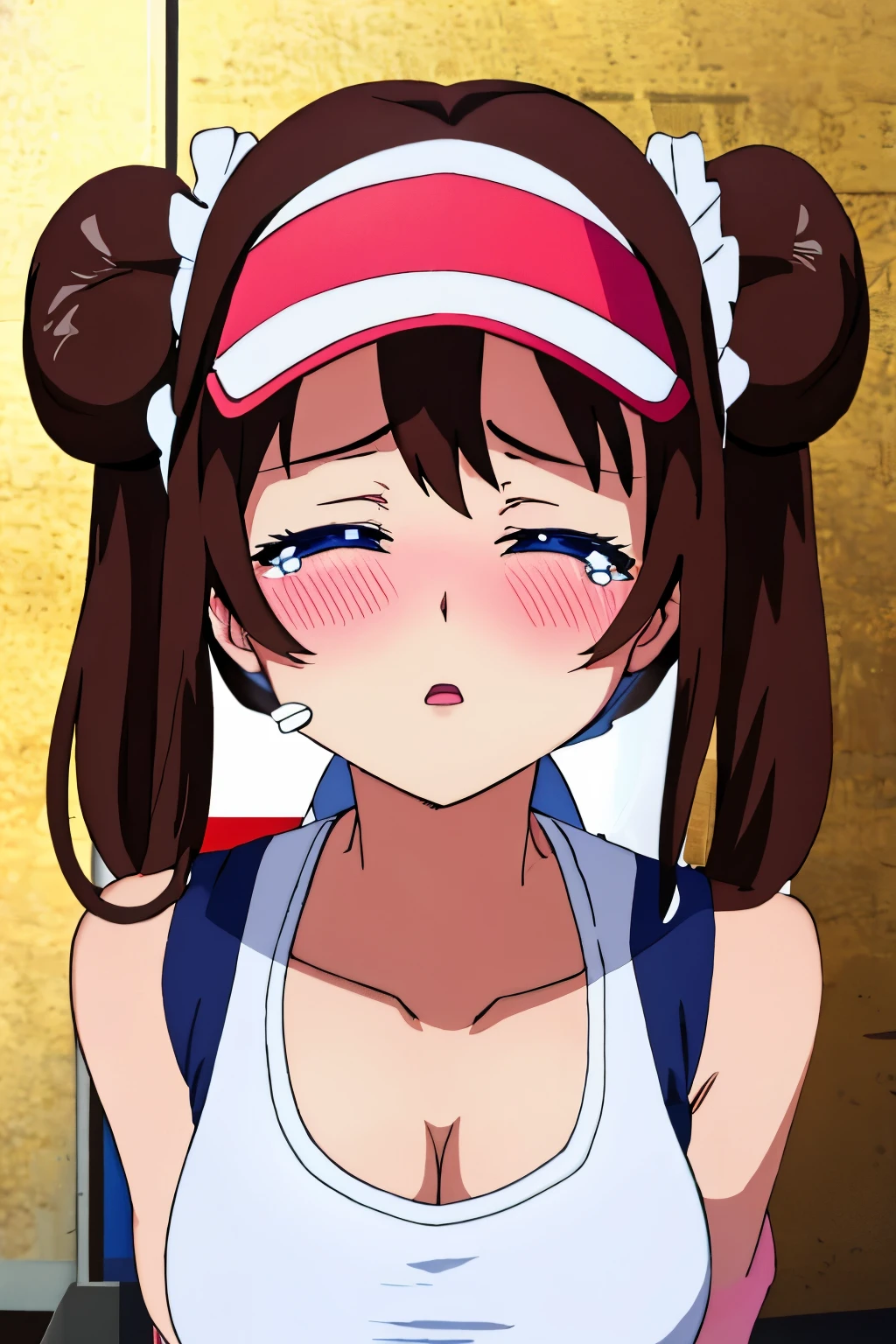 masutepiece, Best Quality,hair, nsfw,cleavage of the breast,dynamicposes,sex,Hair buns, blue eyess, Twin-tailed, Visor Cap, panthyhose, wrist watch,Brown hair,closing eye,kiss face,red blush,perspiring,tears