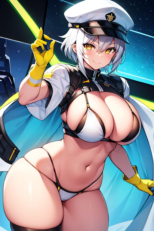 1girl, light skin, breasts, large breasts, wide hips, thick thighs, white hair, very short hair, cap, hat, smile, bikini, yellow eyes, smile, smirk, smug, futuristic, science-fiction, tech, neon, neon trim, white bikini, highleg bikini, highleg,