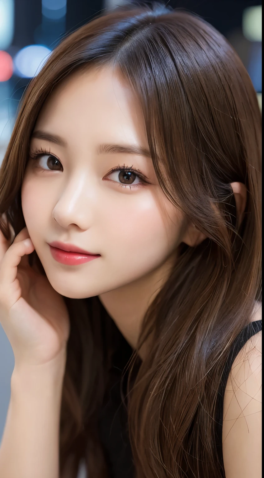 masutepiece, Best Quality, Illustration, Ultra-detailed, finely detail, hight resolution, 8K Wallpaper, Perfect dynamic composition, Beautiful detailed eyes, Women's fashion in winter,straight haired,small tits、Natural Color Lip, Bold sexy poses,Smile、20 years girl、Cute、Sexy shot looking at camera,nighttime scene,Beautiful detailed face、KPOP Idol Face,Japan Idol Face,Classy face,Classy woman,slim face and body,Small face,Big eyes,Very cute face,Do gal makeup