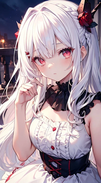 (limited palette), best quality, (((masterpiece))), (((beautiful detailed hair))), (((beautiful detailed skin))), solo, little girl, younger, loli, (((white hair))), red eyes, (mascara), blunt bangs, ((hair over eyes)), long hair, medium breasts, frilled white dress, white frills, too many frills, rose, noble, loyal, brides hair head, (((eye focupression horny))), blurry background, shining eyes, star eyes, (red theme), bedroom background, looking at viewer, (((hair tucking))), (((night))), half-closed eyes, close-up, (((hair ornament))), upright body, Neatly cut bangs, braided hair behind head, sleeveless dress,