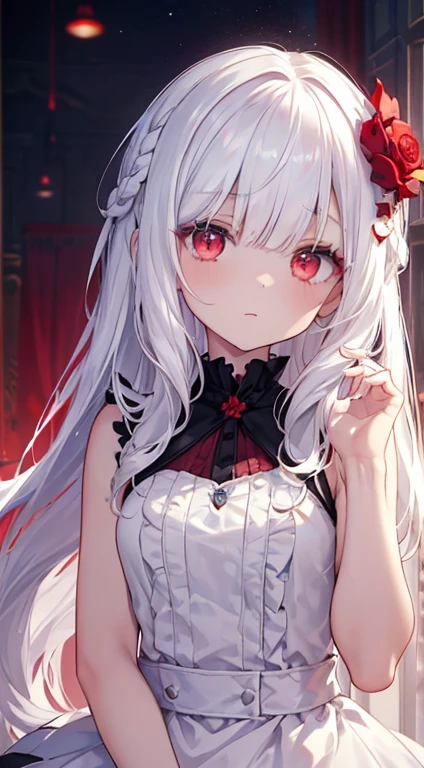 (limited palette), best quality, (((masterpiece))), (((beautiful detailed hair))), (((beautiful detailed skin))), solo, little girl, younger, loli, (((white hair))), red eyes, (mascara), blunt bangs, ((hair over eyes)), long hair, medium breasts, frilled white dress, white frills, too many frills, rose, noble, loyal, brides hair head, (((eye focupression ?????))), blurry background, shining eyes, star eyes, (red theme), bedroom background, looking at viewer, (((hair tucking))), (((night))), half-closed eyes, close-up, (((hair ornament))), upright body, Neatly cut bangs, braided hair behind head, sleeveless dress,