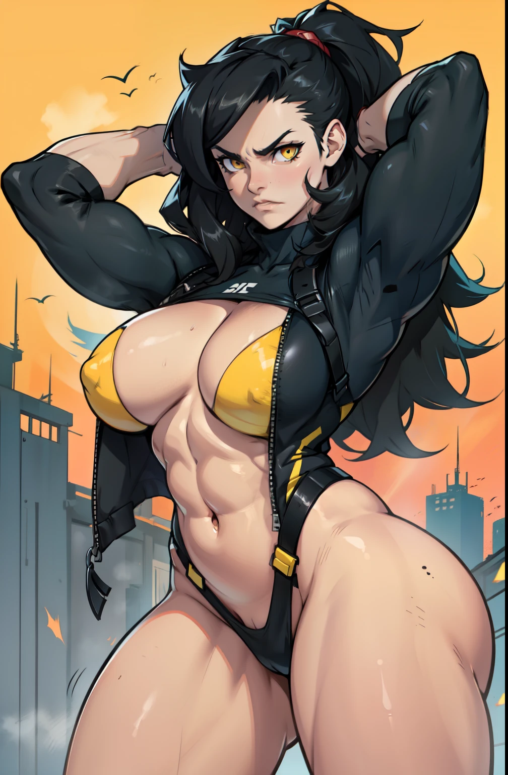 muscular girl thick breasts angry pale skin black hair yellow eyes best quality