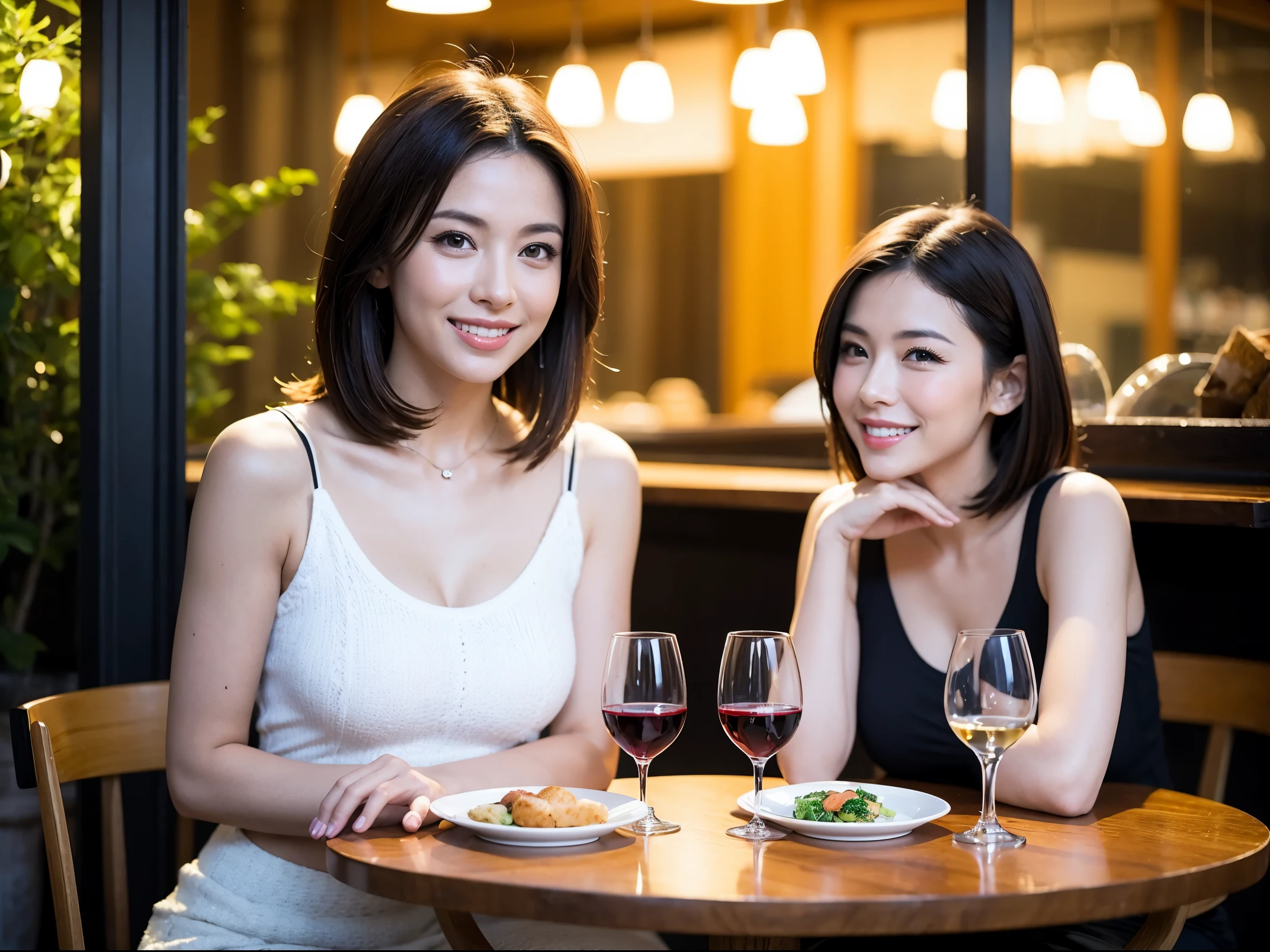 (64k uhd, nffsw, of the highest quality, masutepiece: 1.2), (Realistic, Photorealistic: 1.37),Dutchman、Italian、Frenchman、japanes、 Spaniard、Pretty Woman 1, (Slim Face), (slimボティ), (Brown hair), (short-cut), cheeks blush a little, (40 years old), 38 years, Solo, A beautiful and detailed night view spreads out outside the window....., restaurant, wine glassesに座って, At night, In a prominent place (from waist up) NovaFrogStyle, actress, Model, waist-up, white wine, slim, wine glasses, Super clean night view, 真ん中に置かれたwine glasses, Happy smile, (Smile: 1.15), Beautiful fine eyes, Upper body, Bust Japan Up, Night, Short, Short, actress, Model, waist-up, white wine, slim, wine glasses, Super clean night view, 真ん中に置かれたwine glasses, Happy smile,