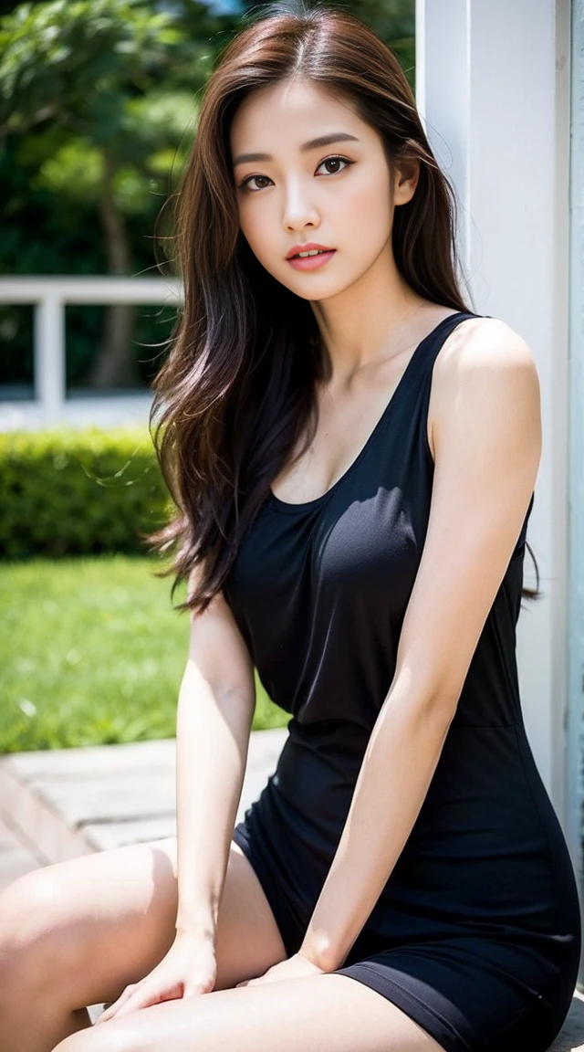 dark brown hair、Light brown eyes、The face of the Japan actress、 Lady、looks like him;I'm about 40 years old、(intricate-detail:1.2)、(top-quality:1.4)、 (超A high resolution:1.2)、超A high resolution、(A detailed eye)、(detailed facial features)、nffsw、8K resolution、D-cup size breasts、length hair、terrace cafe in singapore。Soak up the sunshine、Relaxing、Leaning on the backrest、Black One Piece Lounge Set Leisure Wear,fully body photo、shot from head to toe、