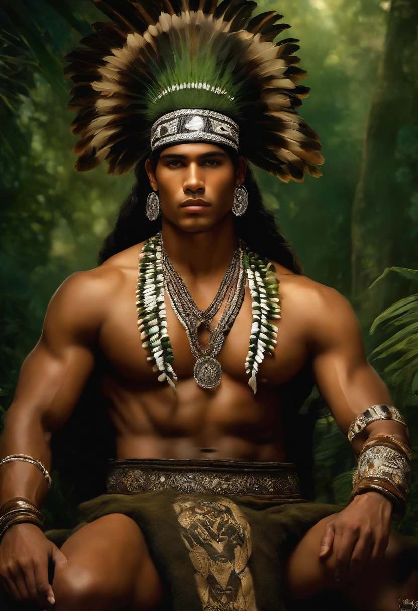 Painting of A strong and masculine young man ((man)), ((a most beautiful caboclo in the world)), 18 years old, indigenous, ((full body)), ((strong body, muscular legs)), ((headdress indigenous man with white feathers on his head)), long black hair, braided over his shoulders, ((green panther eyes, magnetic)), ((square face and sunken chin)), ((strong warrior expression)), (( hypnotic beauty)), sexy and hot, indigenous body paintings, body and beauty of a God, half-naked ((wearing wild animal skin)), ((in the background a sacred temple in the middle of a forest on a moonlit night full )), ((baroque painting style)), ((with panthers and jaguars))