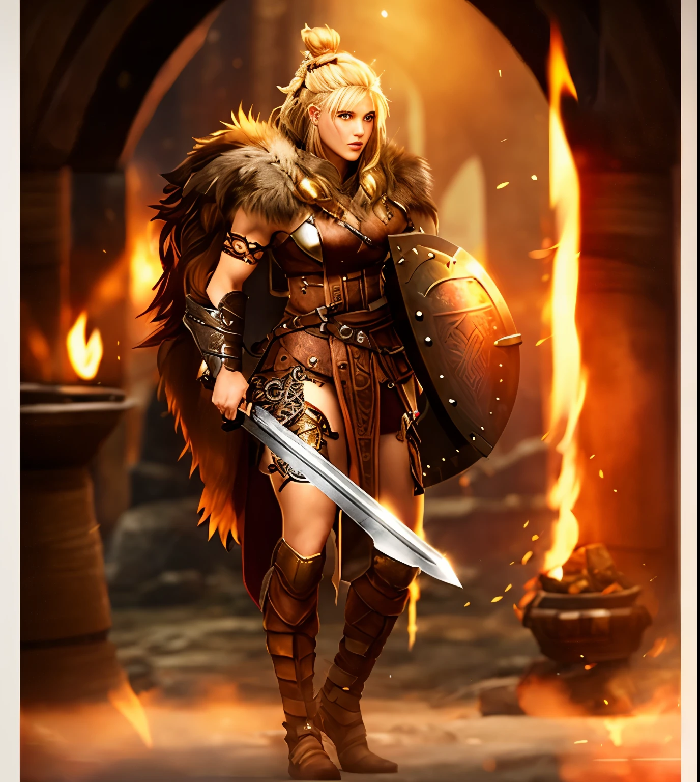 a woman in armor holding a sword and shield, north female warrior, north  female warrior, female viking, female barbarian, a very beautiful berserker woman, female warrior, portrait of a barbarian female, very beautiful female barbarian, barbarian warrior woman, valkyrie style character, female warrior, norse warrior, barbarian class, muscular female druid, warrior woman, warrior character design, blonde hair, hair tied up in a bun, nude hips visible, wearing brown boots, wearing bear coat, nudw hips showing, not wearing pants,