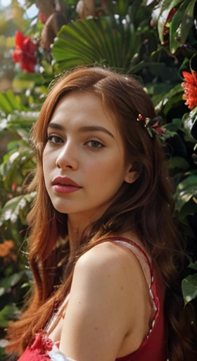 (best quality,ultra-detailed,photorealistic),young woman,beautiful eyes,detailed lips, pink lipstick, pensive expression, soft lighting,vibrant colors, long flowing red hair, stylish red christmas outfit, jungle background,colorful flowers,natural sunlight,serene atmosphere, hourglass figure, 4k details, erotic face, full body pose