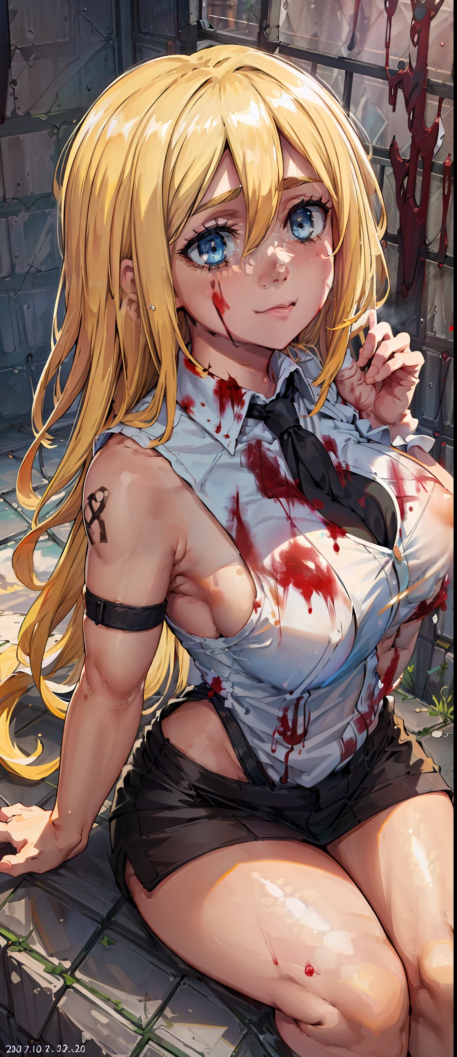 (day:1.7), Forest background,
sitting on the floor,sleeveless,((((the girl is a thug, blood on hands, blood on hair, dominant mistress, prison, doing something sadistic and savage)))), thighs,
blonde hair,blue eyes,bangs, Long_hair,(hair between eyes:1.3),
1 girl, 20yo,mature female,Beautiful Finger,Beautiful long legs,Beautiful body,Beautiful Nose,Beautiful character design, perfect eyes, perfect face,
looking at viewer, in the center of the image,focus on face,
NSFW,official art,extremely detailed CG unity 8k wallpaper, perfect lighting,Colorful, Bright_Front_face_Lightinasterpiece:1.0),(best_quality:1.0), ultra high res,4K,ultra-detailed,
photography, 8K, HDR, highres, absurdres:1.2, Kodak portra 400, film grain, blurry background, bokeh:1.2, lens flare, (vibrant_color:1.2)
(Beautiful,Large_Breasts:1.2), (beautiful_face:1.5),(narrow_waist), scared expression