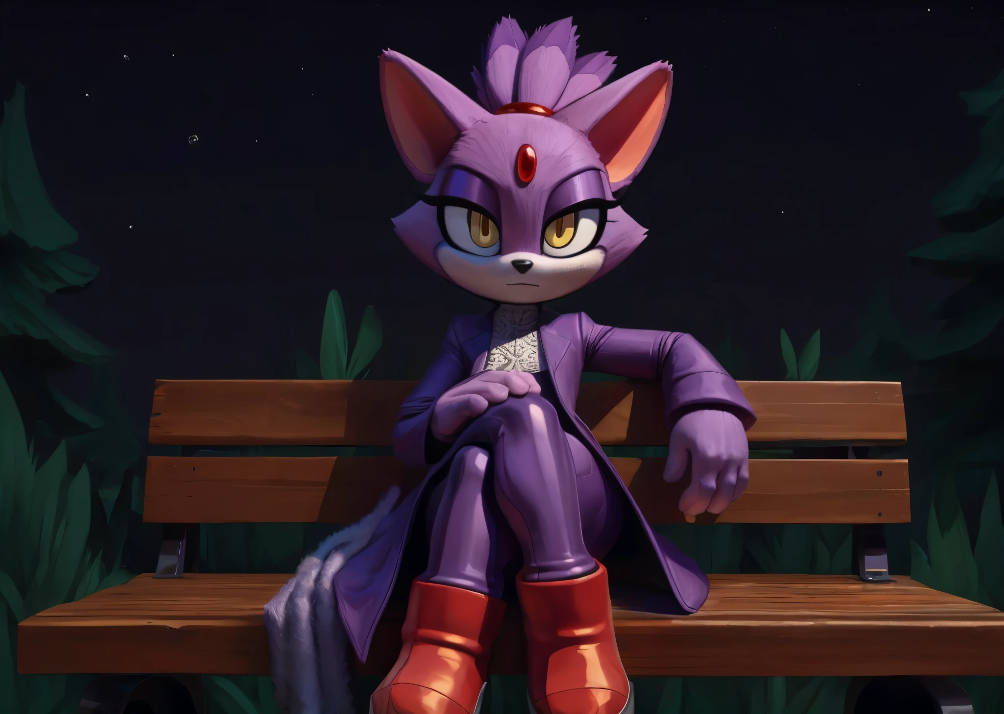 [Blaze the cat], [Uploaded to e621.net; (Pixelsketcher), (wamudraws), (napalm_express)], ((masterpiece)), ((HD)), ((High res)), ((furry)), ((solo portrait)), ((front view)), ((full body)), ((feet visible)), ((detailed fur)), ((detailed shading)), ((cel shading)), ((beautiful render art)), ((intricate details)), {anthro, purple fur, black nose, cat ears, (cute yellow eyes), (red gem on forehead), long tail, (tied-up hair), (curvy hips), (beautiful legs), (expressionless)}, {(purple trench coat), (tight white yoga bodysuit), (white gloves), (red-pink boots)}, {(sitting on bench), (hands in lap), (crossed legs), (looking at viewer)}, [background; (forest), (spruce trees), (nighttime), (starry sky), (ambient lighting)]