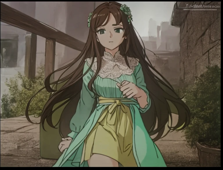 A beautiful woman with long brown hair is standing in a green dress-like outfit。