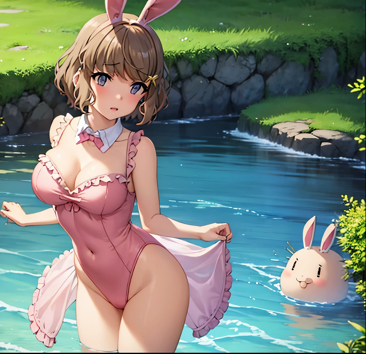 1girls, , Trikot,Playboy Bunny, Netzstrumpfhosen, braune haare, Anime Cute, blush, thick ass, bunnygirl, pokemon, guardevoir-pokemon, sexy, boobs