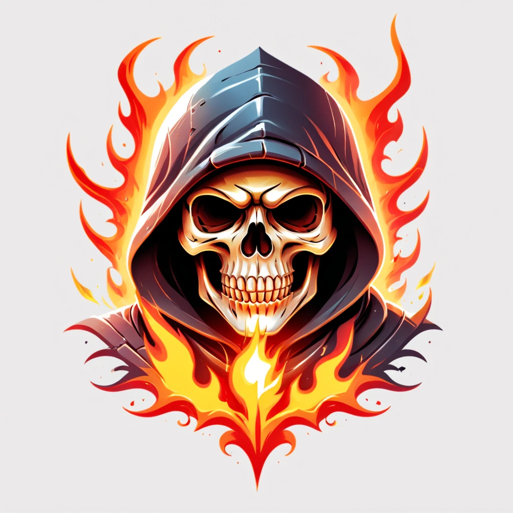 a close up of a skull with a hood and a cape, flaming grim reaper, beautiful male god of death, ghost rider, fiery skull contemplating life, glowing red skull, grim reaper, the grim reaper, 8 k highly detailed ❤🔥 🔥 💀 🤖 🚀, flaming skull, the king of death, evil death, dark but detailed digital art design,t shirt design,beefy style,design only,white background,no model,professional,high contrast,high-res,ultra-detailed,vivid colors,metallic accents,sharp focus,edgy,dynamic composition,gritty texture,rough brush strokes,mechanical elements,chrome effect,classic typography,retro style,distressed look,aggressive lines and curves,3D rendering,striking visual impact,dark shadows,strong branding presence,monochromatic palette,industrial aesthetic, helmet samurai /imagine prompt: skull fire with gun llustration for a logo with a black background, in bold outline style, jagged edges, trashcore, light shading --v 5.2