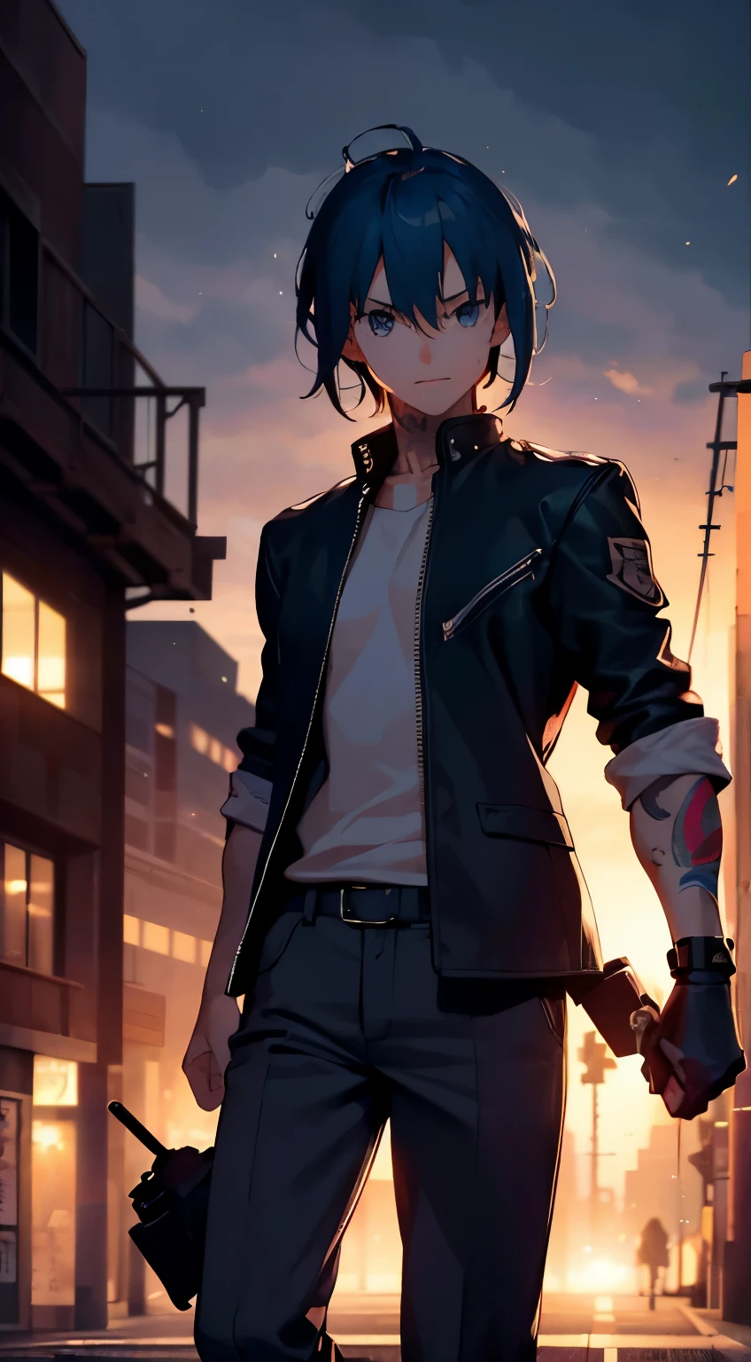 (Best Quality,4K,hight resolution,masutepiece:1.2),Ultra-detailed,(Realistic,photoRealistic,photo-Realistic:1.37),Japan high school boy in uniform,Energetic and vibrant look,Yankee-like attitude,Illustration,Graffiti, landscape,Vibrant colors,streetart,expressive facial features,A bold and confident look,youth and rebellious spirit,Artistic style,Gritty atmosphere,Dynamic Poses,background with Graffiti tags,Motion blur effect,Impressive hairstyle,Stylish accessories,strong and muscular physique,Tattoos and piercings,Wearing a leather jacket,You can see sweat dripping from your forehead,sharp focus on facial features,Capture the strength and energy of the character,Playful and mischievous expressions,Subtle hints of a mischievous smile,Dramatic lighting that enhances the mood of the scene,Shadow and highlight contrast,Impressive composition that creates a sense of movement and action,Energetic brush strokes that convey the dynamic nature of the scene, A streetlight illuminates the main character with warm light.,Atmosphere wrapped in warm light