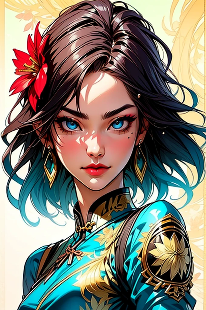 a woman in a white and gold cheongsam, sitting on a rock, elegant full body, makeup, mole, multicolored hair, black hair, look at viewer, Oval face, fine face, Fine eyes, Blue eyes, Detail eyes, Double eyelids, (Pearl earrings:1.2), Highly Detailed Skin Texture, Golden ratio, gorgeous Chinese model, beautiful oriental woman, beautiful goddess, beautiful Asian girl, royal elegant pose, gorgeous lady, classy, (Flower background:1.4), (Colorful:1.1) highest details, HDR, the appearance of the hourglass