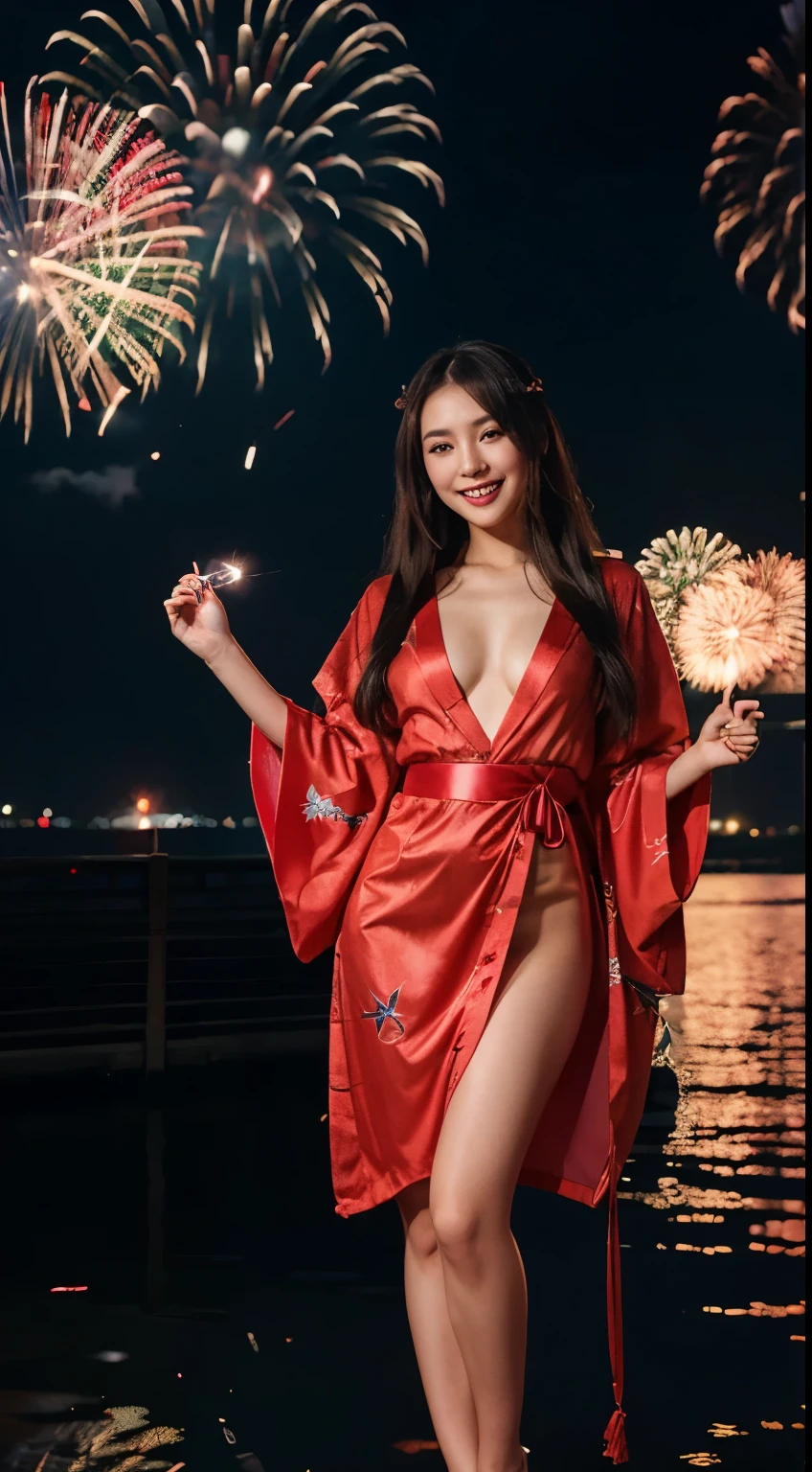 Glowing skin, kimono, new year concept background, 21 years old girl, japanese girl, smiling, sexy ve beautiful girl, long hair, dark makeup, full body, firework background, dress mini kimono, red lingerie, high quality