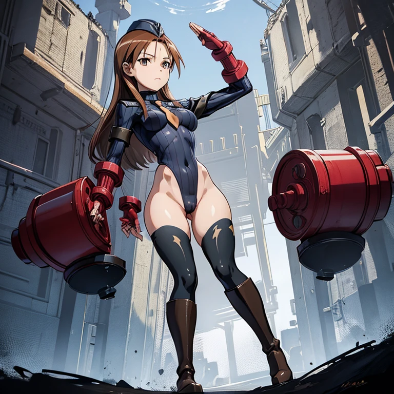 ultra-detailed, Explicit, Beautiful body, Beautiful Nose, Beautiful character design, perfect eyes, perfect face, ultra highres, 4K, beautiful legs, perfect legs, Nice hands, Perfect hand, Masterpiece, Best Quality, Highly detailed, illustration, absurdres, street fighter, doll suit, shadaloo doll, dollsuit, expressionless, blank eyes, looking at viewer, red gloves, emotionless, black latex, corrution, mind control, female combatant, full body, hypnotized, unhappy trance, full body suit, ribbed bodysuit, both arms at side, obey, perfect female body, extremely glossy latex, hypnosis, hypnoLora, empty eyes, Mind control device, poses, submissive_pose, Slave, hat, necktie, stand up straight, standing, standing at attention, hat, necktie, belt, latex, ribbed bodysuit, thighhighs, garter belt, Fighting Stance, extending the right arm from the shoulder into the air with a straightened hand, nazi saluting, military, military saluting, salute, thigh boots, 1girl, Strike Witches, brown hair, brown eyes, long hair, Minna Dietlinde Wilcke