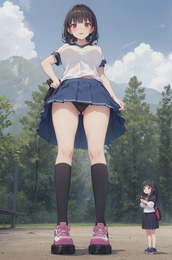 (a giantess looming over a girl: 1.2), (giantess foreshortening: 1.2), (a girl in front of the breasts of a giantess:1.1), gym, locker room, (2girls:1.9), (height_difference:1.7), (size_difference:1.5), (multiple girls: 1.4), (giantess:1.2), large breasts, sports uniform, (yuri:1.1), (tall girl: 1.1), professionally drawn, (huge breasts), (cleavage sweat), (anime drawing:1.1), (simple bold lines: 1.1), (anime:1.1), (very cute anime girl), (bright), (low contrast), (prettiest teenage girl), (mature face: 1.4), (tall girl with big breasts: 1.2),