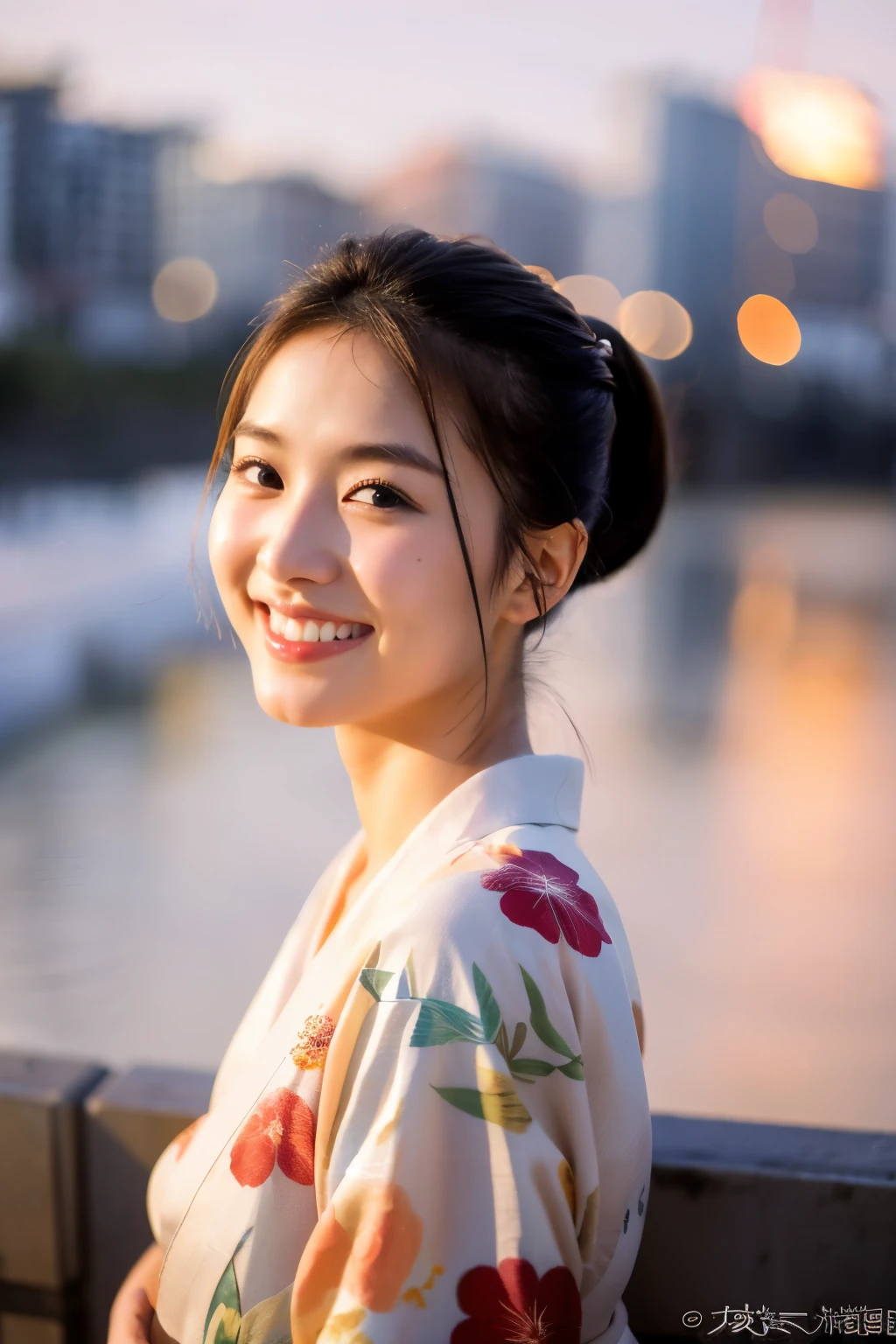 The image depicting a 23-year-old Japanese woman in a kimono and ponytail, smiling against the backdrop of a New Year's sunrise, is now available for you to view.