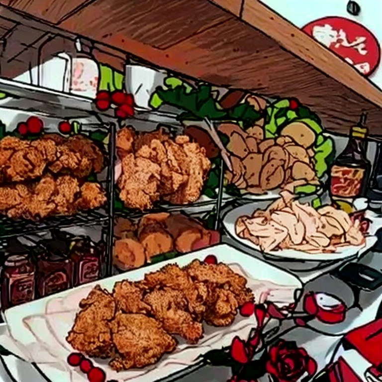 Dishes such as fried chicken and fish are displayed.。