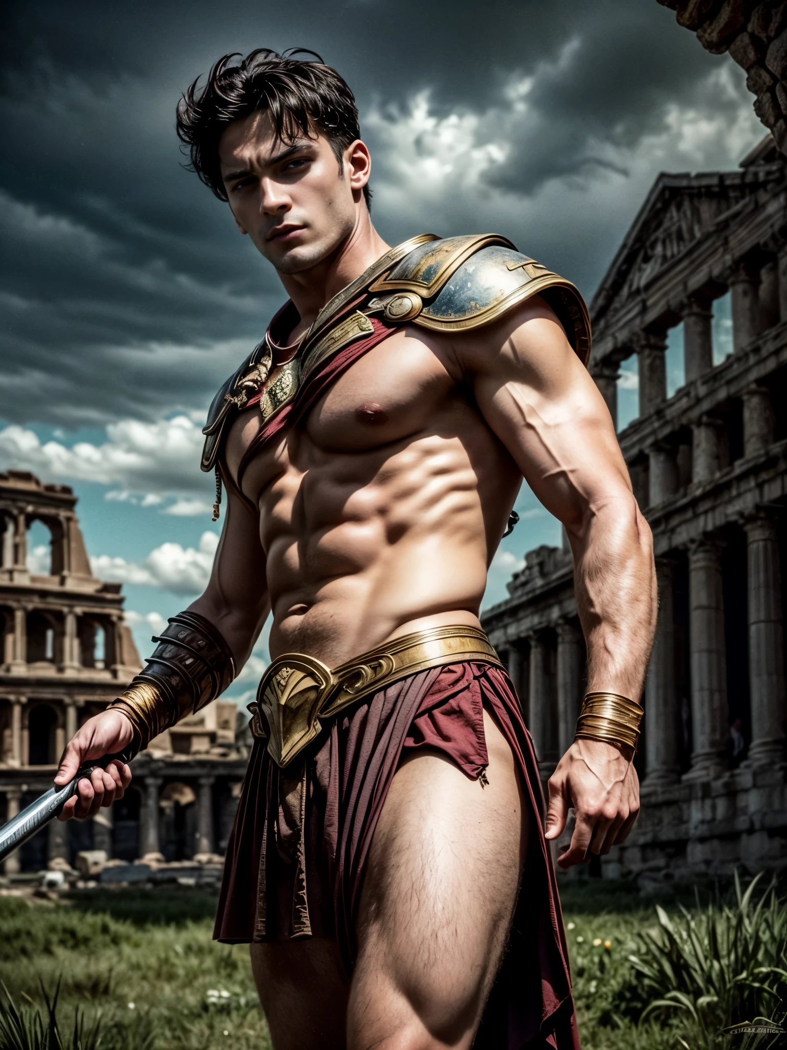 ((masterpiece)),((best quality)),8k, high detailed, ultra-detailed, Stylish Pose, real skin texture, dark cinematic lighting, full body shot, 35 mm lens, night, dark night, masculine, 26-year-old Italian male model, handsome Roman, he is the god of war, he is Ares, Mars, evil-looking, strong look, light green eyes, emerald green eyes, strong jawline, square jaw, dressed as a gladiator, ancient gladiator, male gladiator skirt, shaved face, buzz cut hair, short wavy hair, dark brown, shirtless, top naked, smoke, fire, open field, battle, background, blood on his chest, , , flawless skin, high detail, destroyed ancient Rome, ancient army in the background, dark storm, dark atmosphere, dark cloudy night,,,,,Depth of field