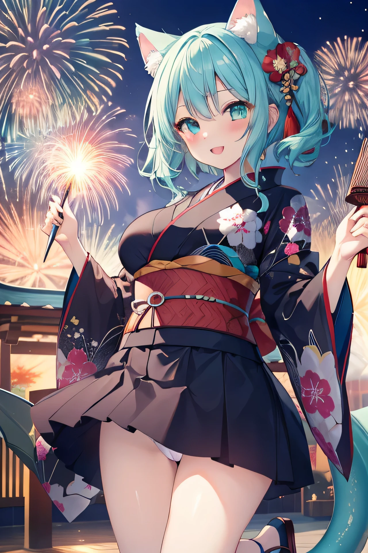 ((masutepiece)), ((Best Quality)), ((8K)), High resolution, 1girl in, Cat ears, pale skin, Large breasts, aqua eyes, aqua hair, bab cut, Light blue kimono with dragon pattern, Happy New Year, morning, Jumping, pantyshot, shrines, Big smile, sparklers, Sunrise,
