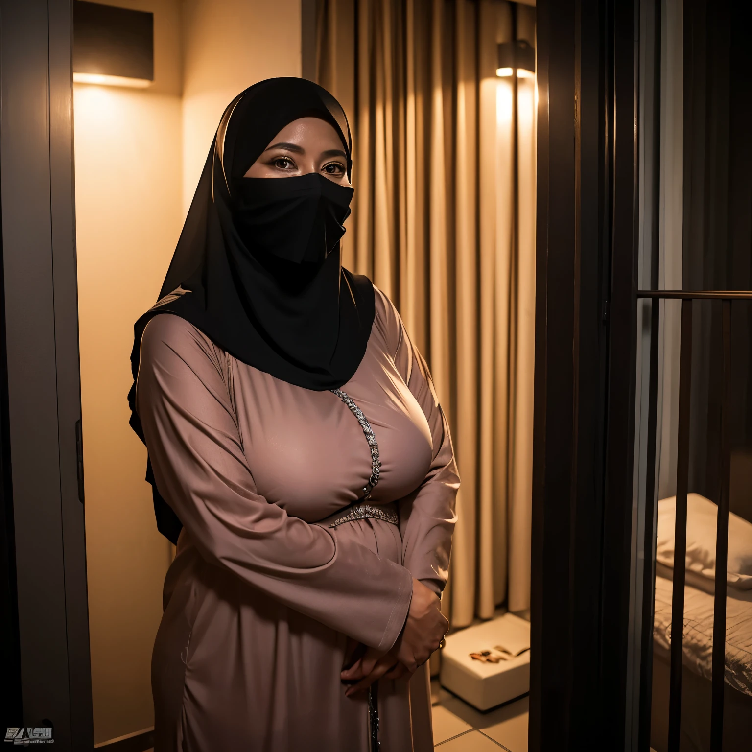 56 years Old, Hijab Indonesian mature woman, Saggy Large Mature Tits : 96.9, Burqa, Tight Burqa, Perfect Body, Breast about To burst out, at Apartment balcony, Dark light, at Night Time
