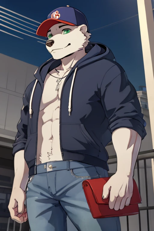 a short thin White furred Polar bear wearing a closed hoodie jeans and a denim baseball cap with green eyes SFW